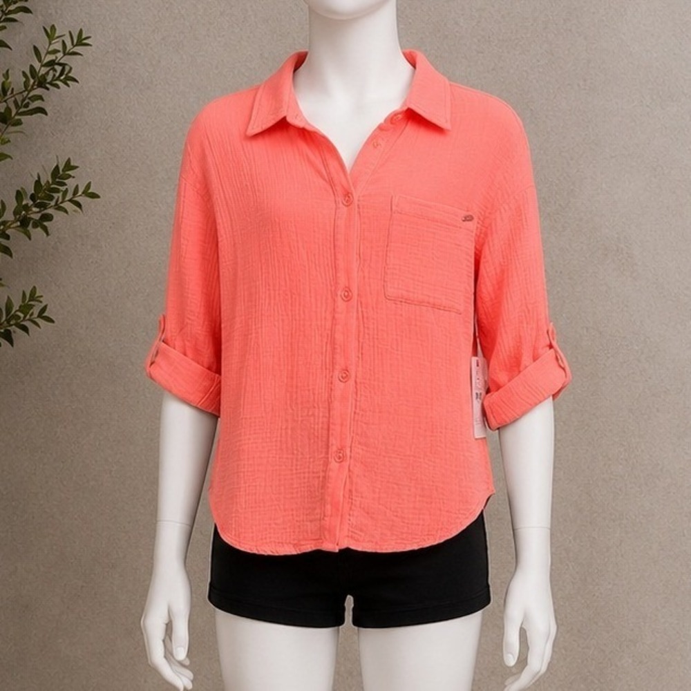 Justice Girls Beach Shirt Coral Cotton Gauze Roll Tab Button Up Size L 12/14